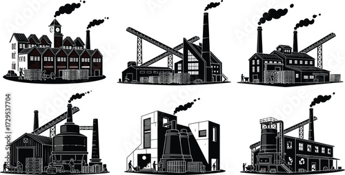 Industrial factory building silhouette vector illustration, smokestacks, tanks, conveyor belts, gears, workers, modern and old architecture, economy, industry, design