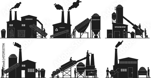 Recycling factory, waste management, industrial plant, eco industry, conveyor belt, workers, machinery, pollution, sustainability, environment, energy