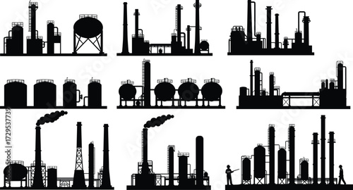 Industrial factory plant silhouettes, oil refinery vector icons, chemical plant illustration, manufacturing industry design, black refinery silhouette set, energy production infrastructure artwork