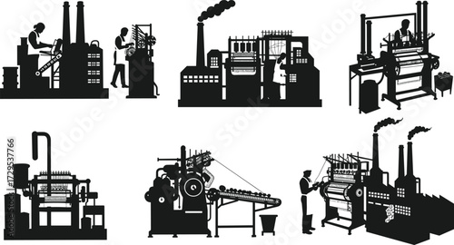 Industrial worker silhouettes, factory machinery vector, textile loom illustration, conveyor belt process icons, production line design, black CAD drawing flat industry