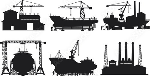 Shipbuilding industrial silhouettes, shipyard construction vector, cargo ship dock illustration, manufacturing process icons, heavy industry design, black CAD drawing flat