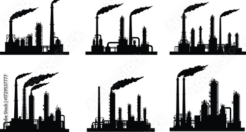 Industrial factory silhouettes, refinery plant icons, smokestack pollution vector, energy production illustration, manufacturing infrastructure, black flat CAD drawing, urban industry design