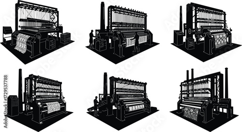 Industrial textile weaving machines, automated loom silhouettes, fabric production vector, yarn spool illustration, manufacturing process icons, black CAD drawing flat industry design