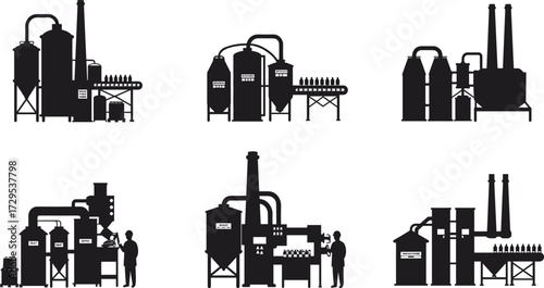 Beverage bottling machinery silhouettes with workers, industrial factory process vector icons, drink production line illustration, packaging equipment design, black silhouette set artwork