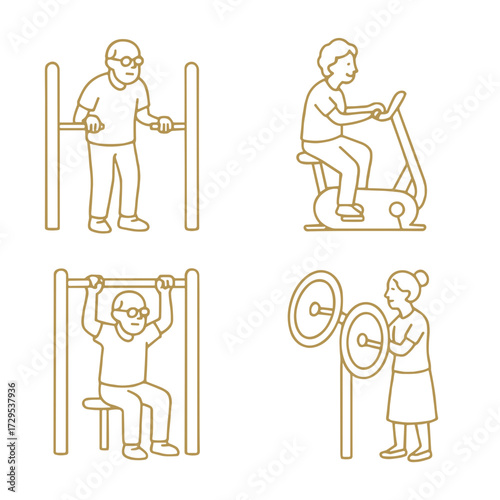 Seniors exercising at outdoor gym with equipment for fitness  