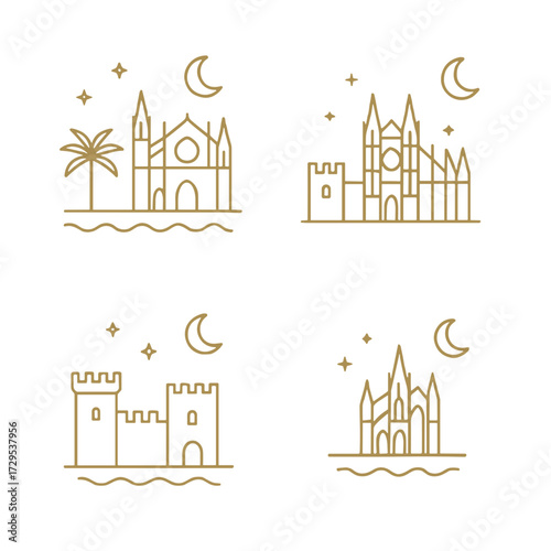 Night skyline illustrations of Palma with golden outlines  