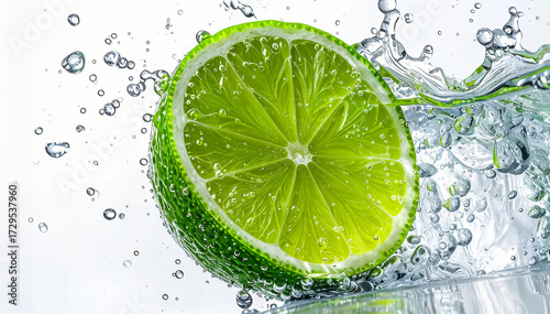 Fresh Green Lime Slice Splashing in Water