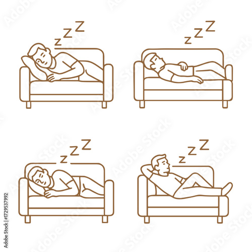 Man sleeping on couch in different positions and styles  