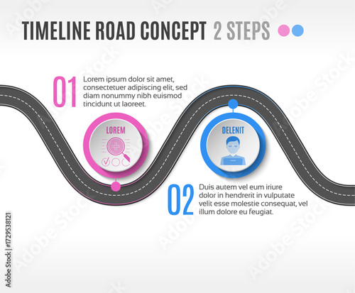 Isometric navigation map infographic 2 steps timeline concept. Winding road.