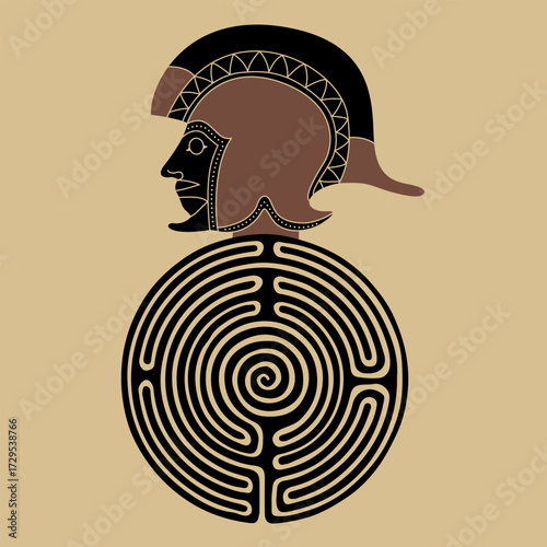 Head of Ancient Greek hero on top of a round spiral maze or labyrinth symbol. Theseus. Creative mythological concept.