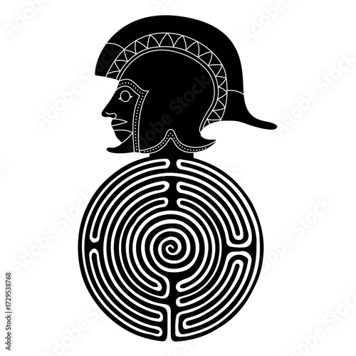 Head of Ancient Greek hero on top of a round spiral maze or labyrinth symbol. Theseus. Creative mythological concept. Black and white silhouette.