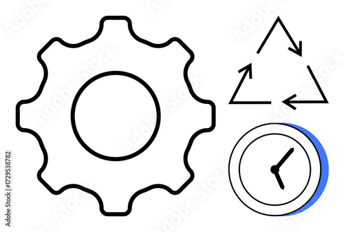 Gear symbolizing process, circular arrows for sustainability, clock for time. Ideal for efficiency, workflow, planning, recycling, productivity eco-consciousness process improvement. Simple flat
