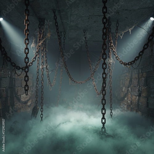Dark basement with rusty chains and thick fog obscuring the results of mysterious experiments. An atmospheric setting for horror, fantasy, and games. Dramatic lighting