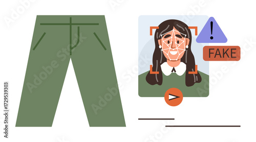 Green pants beside a facial recognition system flagging a manipulated video with fake warning. Ideal for deepfake detection, AI ethics, fake news, cybersecurity, fraud prevention, identity