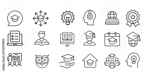E-learning, digital education elements, editable stroke minimal thin line web icon set.