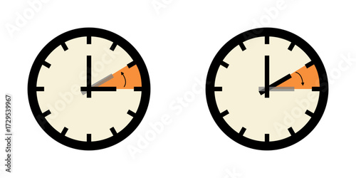 Flat illustration of a clock showing daylight saving time change, highlighting spring forward and fall back hour adjustment. Ideal for seasonal time change, reminders, and time management concepts