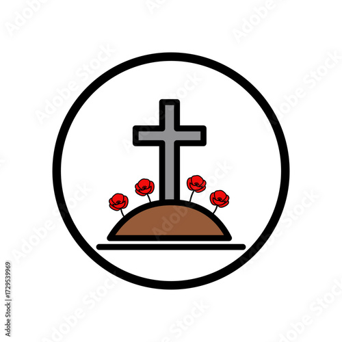 Flat design illustration of a grave with a cross and red poppy flowers growing on the mound, symbolizing remembrance and honoring fallen soldiers. Suitable for Memorial Day, Veterans Day, and tribute 