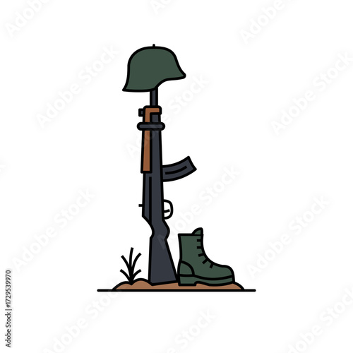 Flat vector illustration of a fallen soldier memorial with rifle standing upright, military helmet on top, and boots at the base, symbolizing respect and remembrance