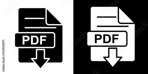 Vector illustration of simple black and white PDF file icon with downward arrow for download, suitable for document and digital file concepts