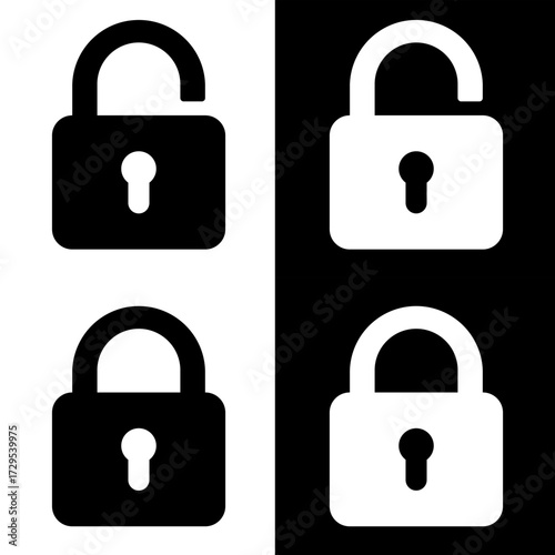 Flat vector illustration of  black and white padlock icon in open and closed positions, symbolizing security, privacy, and protection