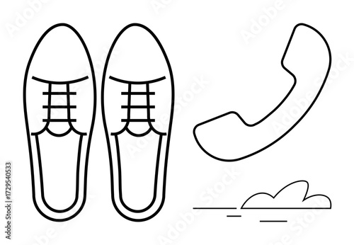Formal shoes, telephone receiver, and cloud drawn in simple line art. Ideal for communication, business, networking, cloud technology, formality simplicity steps forward and minimal design. A