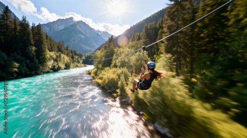 A woman wearing a helmet ziplines with thrill and excitement over a stunning turquoise river, surrounded by lush forests and towering mountains under a bright sun