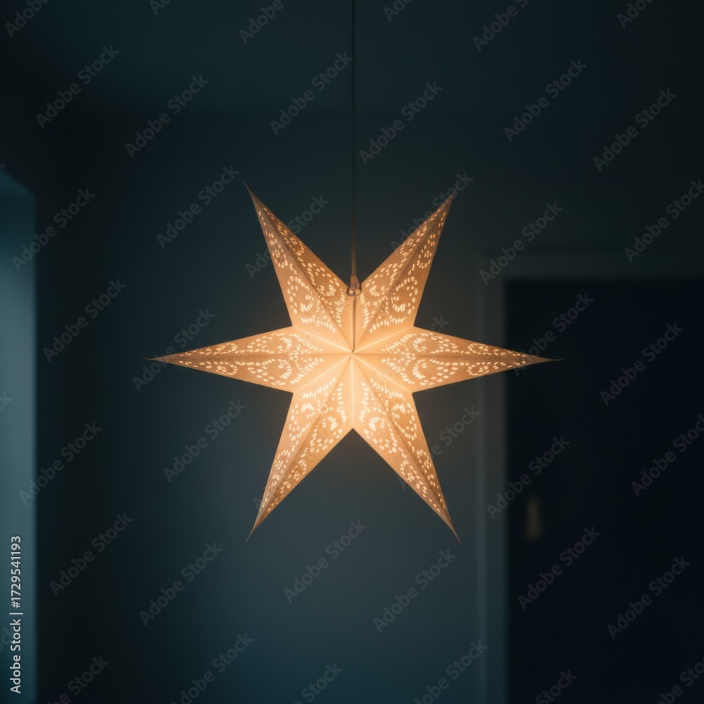 Fototapeta premium A warm glow emanates from a festive paper star light hanging indoors, creating a cozy and inviting atmosphere.
