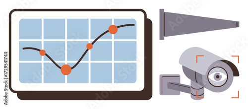 Graph on screen tracking metrics, telescope for observation, and security camera symbolizing monitoring. Ideal for data analysis, security, innovation, technology trends, surveillance, oversight