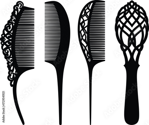 Ornate vintage comb silhouettes, decorative hairbrush design, elegant grooming tools, intricate lace pattern handles, black vector illustration, beauty salon accessory art