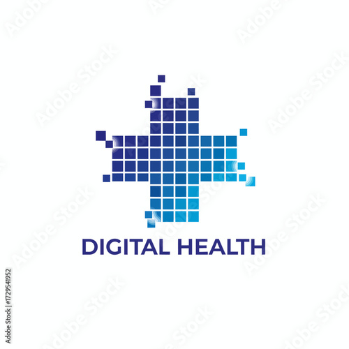 Vector logo of a hospital cross made of digital pixels, digital health, flat vector, blue tones, 