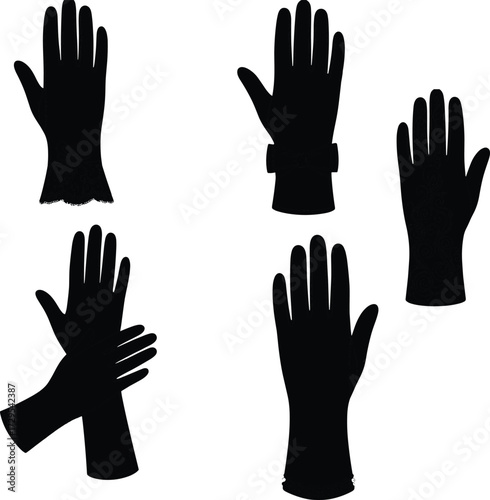 Silhouette gloves, fashion accessory, vintage glove design, handwear collection, black outline, costume style, elegant gloves, retro fashion, apparel illustration, vector art