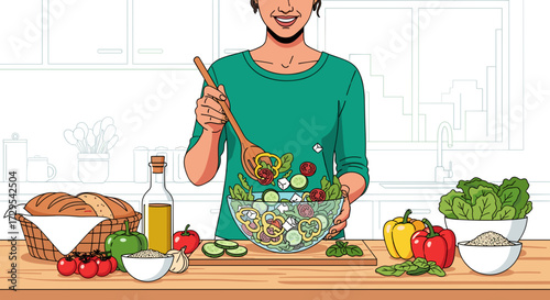 Smiling woman preparing a fresh, vibrant, healthy salad with colorful vegetables in a bright, modern kitchen setting, promoting good nutrition and wellness.