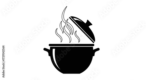 Vector illustration SVG of a simple steaming pot with an open lid, symbolizing hot food, drinks, kitchen warmth, ideal for culinary art, isolated on transparent background.