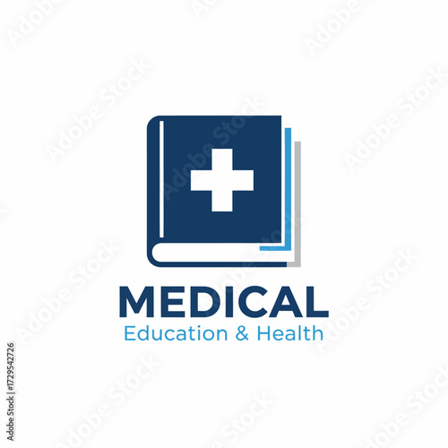 Vector logo of a medical book with cross symbol, education and health, flat vector, white background.