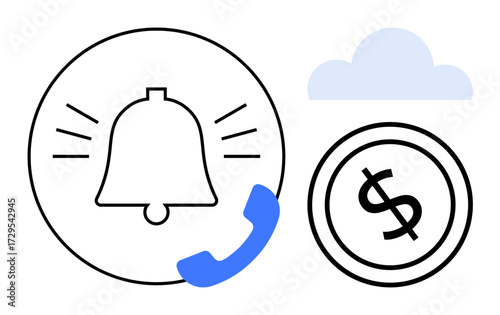 Bell for alerts, phone receiver, cloud, and dollar symbol conveying communication, cloud computing, and finance. Ideal for technology, business notifications alerts finance apps data. Flat