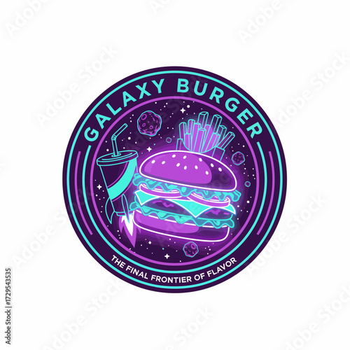 Futuristic neon logo of glowing burger, floating fries, and rocket soda cup in circular badge with cosmic purple and cyan tones.