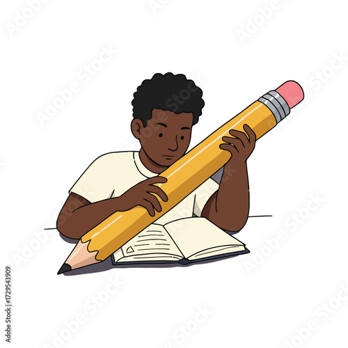 Focused young Black boy studying with a large conceptual pencil, representing the power of education, creativity, and knowledge