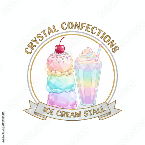 Pastel vector logo with triple-scoop ice cream cone and milkshake glass in a circular badge of pink and blue tones.