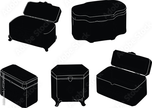 Antique furniture silhouettes, vintage wooden chests, decorative trunks, storage boxes, ornate design, open lid, classic style, collectible decor, interior inspiration