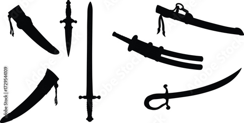 Silhouette swords, daggers, sabers, medieval weapons, ancient blades, curved swords, straight swords, ornate hilts, historical armory, fantasy illustration, warrior design