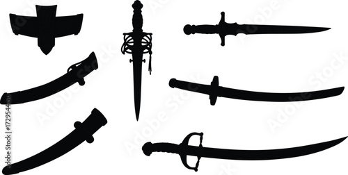 Silhouette, fantasy, medieval, ancient, historical, dagger, sword, weapon, blade, scimitar, saber, stiletto, illustration, collection, set, isolated, black, silhouette, design, artwork