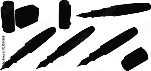 Fountain pen silhouettes, vintage writing instruments, classic stationery tools, ink nib design, elegant office supplies, artistic drawing pens, cap variations