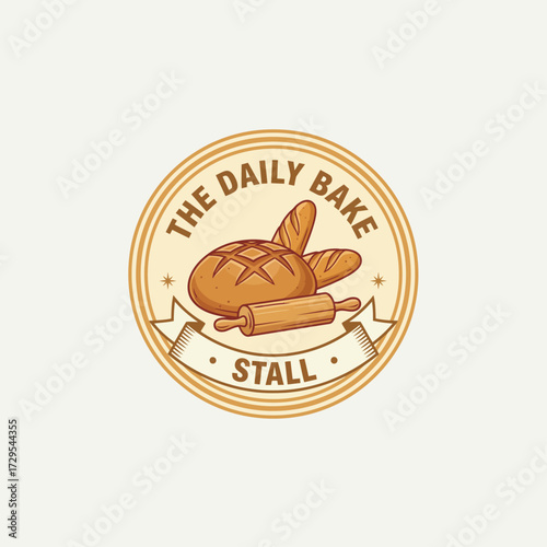 Warm vector logo with loaf of bread, baguette, and rolling pin in circular badge, golden and cream tones.