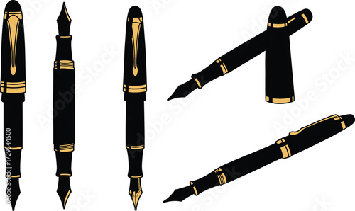 Luxury fountain pen illustration, black and gold writing instrument, elegant stationery design, premium office accessory, classic ink pen artwork, isolated object