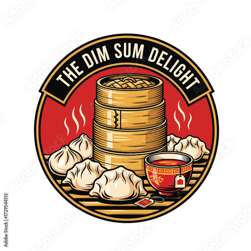 Vector logo with bamboo steamers, dumplings, and tea cup, bold stall name in circular badge, red and golden palette for a premium Asian vibe.