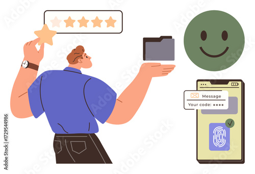 Man holding star and folder, digital happy face, phone with fingerprint scan. Ideal for customer service, review system, secure tech, feedback, file storage rating digital trust. Simple flat