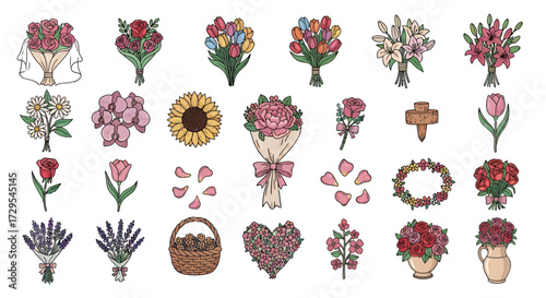 Colorful Floral Bouquets and Decorative Elements