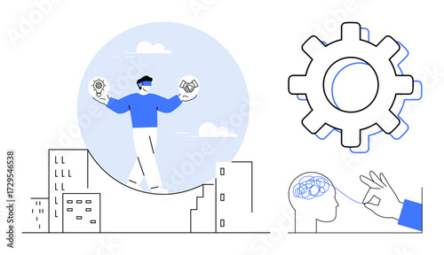 Person balancing light bulb, handshake over buildings symbolizing innovation, partnership. Gear and brain concepts reflect problem-solving, learning. Ideal for teamwork, brainstorming, progress