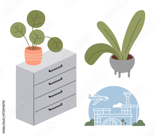 Indoor plants in decorative pots on furniture, beside an airport illustration with an airplane flying. Ideal for interior design, travel, urban living, organization, relaxation, modern aesthetics