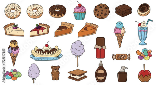Colorful Set of Hand Drawn Dessert and Candy Icons for Sweet Treats Menu Design